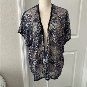 ECLATA Blue W Metallic Gold trimmed in Black Lace Kimono Cardigan VTG NWT OSFA